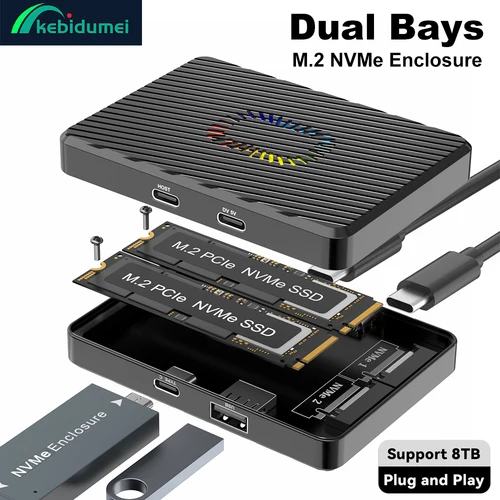 Caja SSD M.2 de doble bahía, protocolo Dual M.2 NVMe SATA SSD, estación de acoplamiento de unidad de estado sólido, adaptador USB3.2 GEN2 de 10Gbps SSD