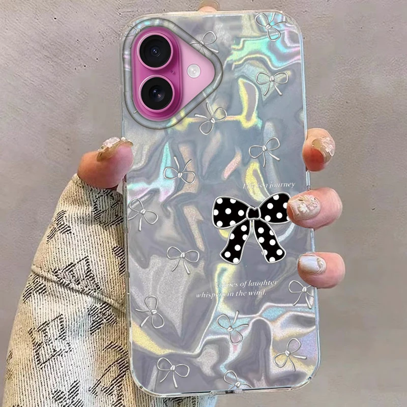 Niedliche silberne Schmetterlings-Bowknot-Handyhülle für iPhone 16 15 14 13 12 Pro Max Plus 16E 7 8 SE 2020 2022 X XS XR Korea Girl Cover