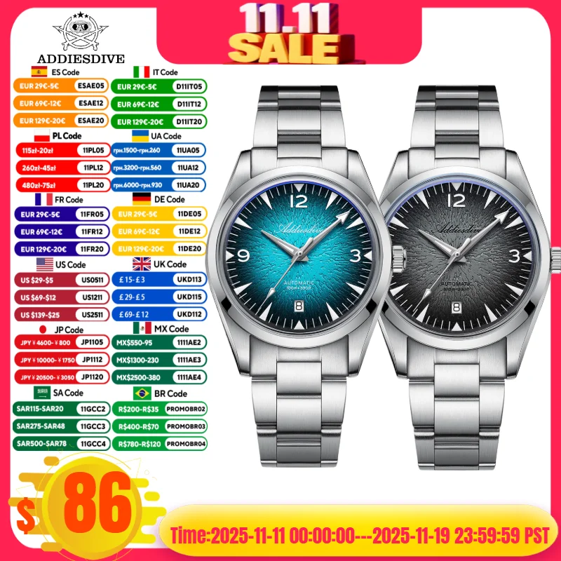 ADDIESDIVE AD2508 Мужские часы для дайвинга Светящиеся 100 м Водонепроницаемые часы из нержавеющей стали 316L 8215 Механизм Автоматические механические часы reloj