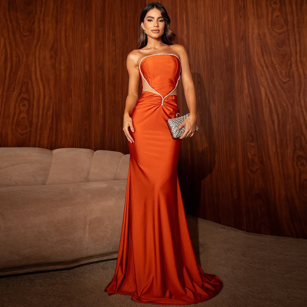 

Изысканное вечернее платье-русалка из атласа на заказ, без бретелек, без рукавов, для торжественных случаев, с шлейфом, в стиле знаменитостей