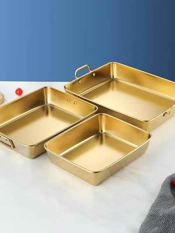

Прямоугольный поднос из нержавеющей стали золотистого цвета с плоским дном, поднос для полотенец, поднос для риса, поднос для барбекю, поднос для еды, поднос для медленного приготовления пищи