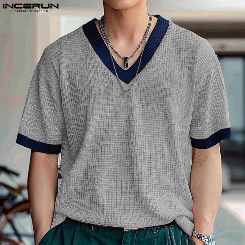 INCERUN Tops 2024 Korean Style Men\'s V-neck Design T-shirt Casual Streetwear Texture Splicing Color Short Sleeved Camiseta S-5XL