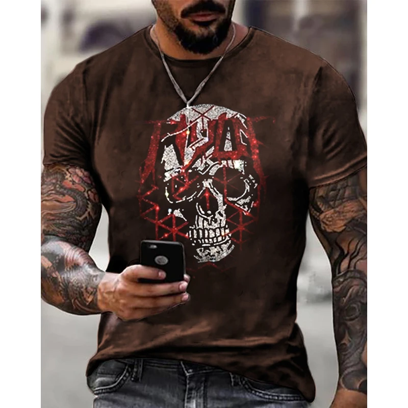 New High Quality Fashion Men's Clothing Oversized Tee y2k Skull Rhinestone Designer Short Sleeve Tops Home Casual Street t-shirt