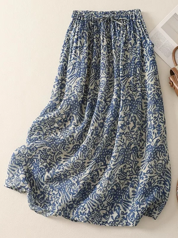 Retro Blue And White Porcelain Print Linen F Skirt Women's Summer Elastic High …
