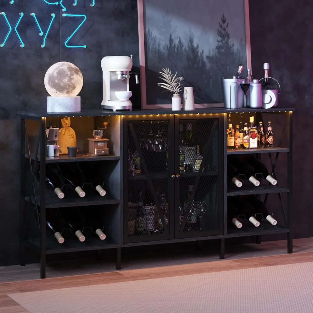 

Farmhouse Wine Bar Cabinet with Led Light, Industry Coffee Bar with Wine Rack and Glass Holder, Metal Sideboard