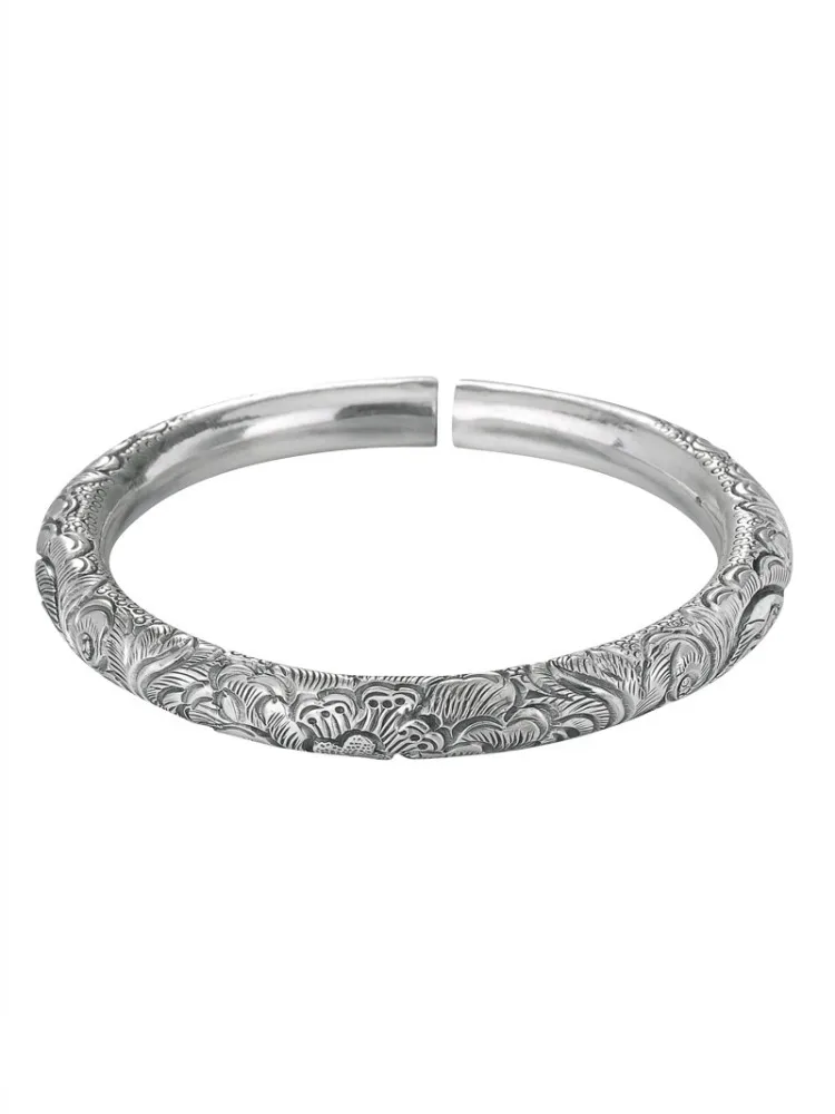 Luxury Women Handmade Floral Embossed S999 Silve Bracelet Vintage Designer Sterling Silver Cuff Bracelet