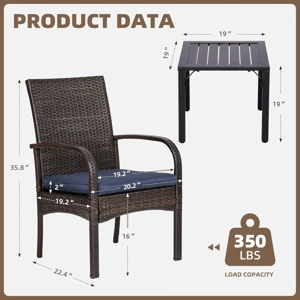 3-Piece Patio Bistro Set, Outdoor Garden Furniture Set: Square Metaltop Table & 2 Garden Wicker Chairs