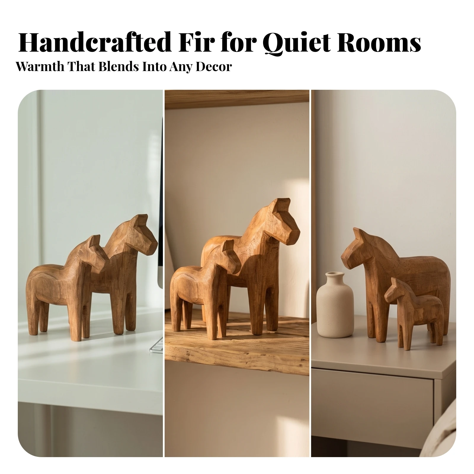2 Pieces Figurine Minimalist Carved Wooden Horse Statue Rustic for Collectors, Bookshelf, Entryway