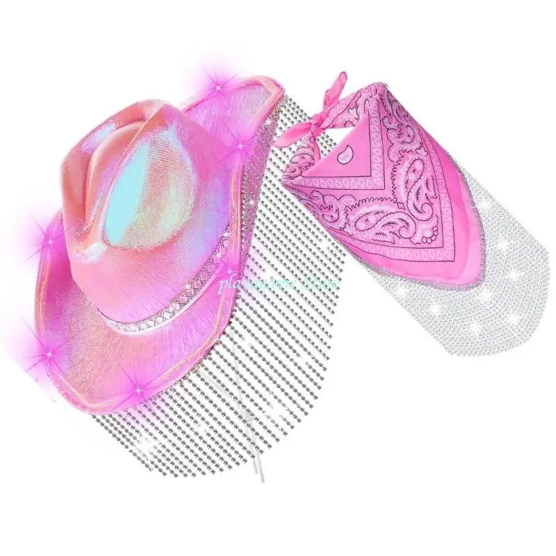 مجموعة Y88A Trend Cowgirl Hat ووشاح الرقبة قبعات رعاة البقر واسعة الحواف لحفلات الزفاف #5