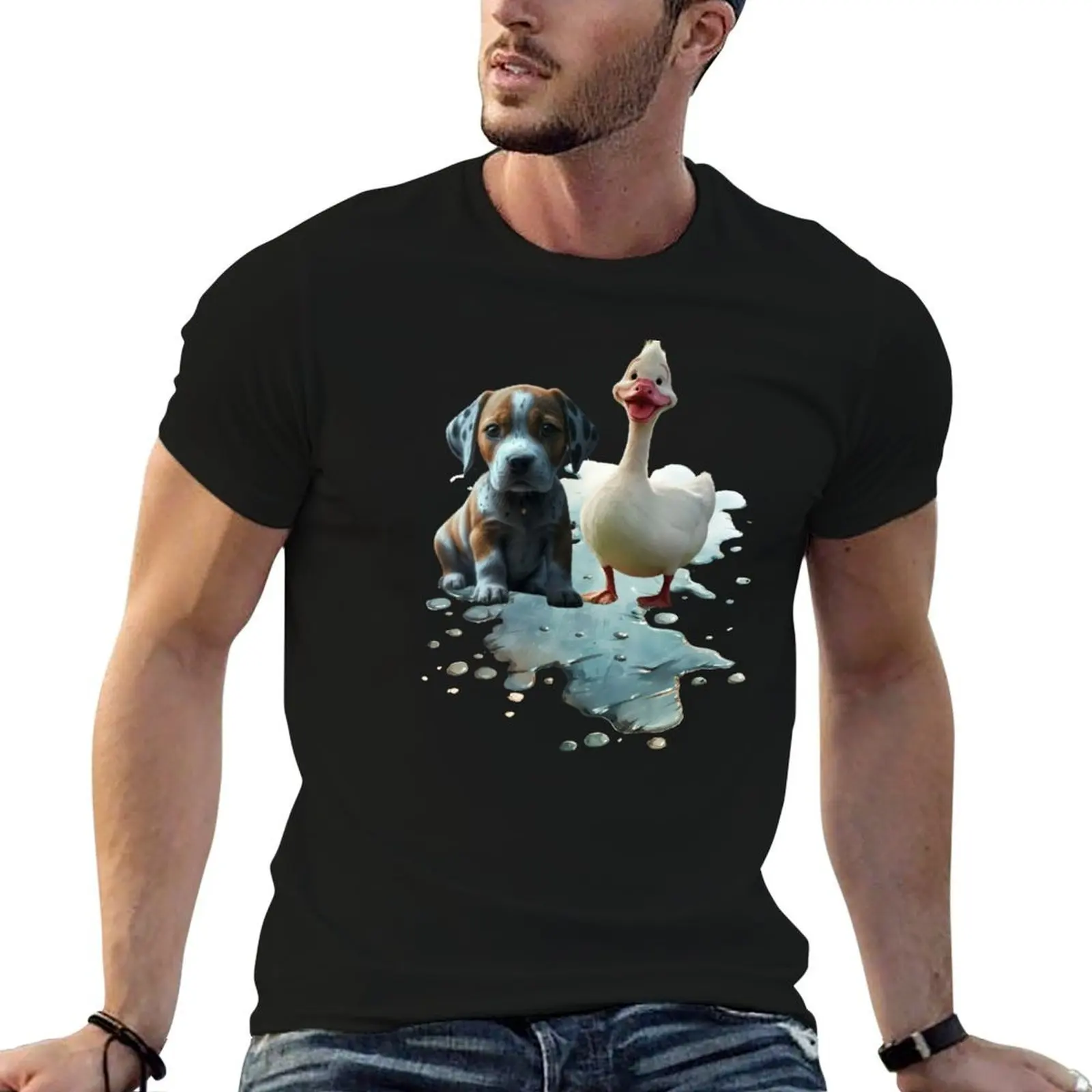 

A sad dog and a cheerful duckling in a puddle of water T-Shirt t shirts cotton 100% t shirts for man graphic vintage T-Shirt