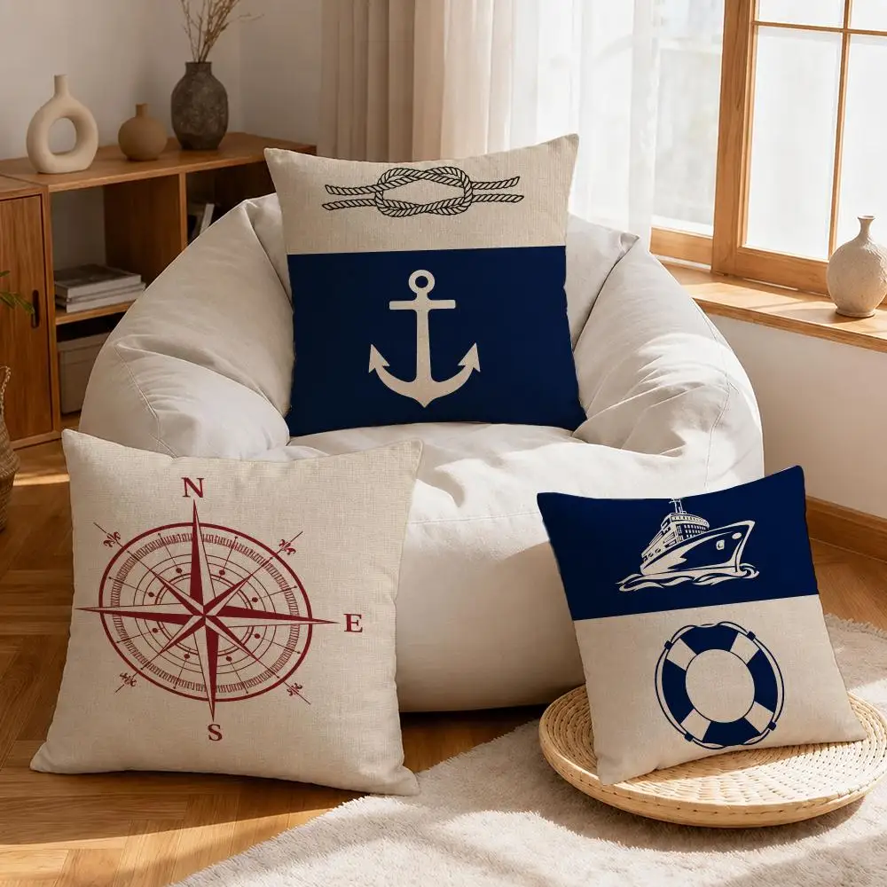 Vintage Nautical Pattern Cushion Cover Linen Anti‑mite Antibacterial Cushion Cover Invisible Zipper for Couch Living Room