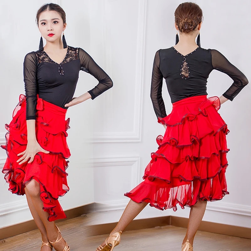 New Red Dance Skirt For Women/Ladies Multilayer Paso Doble Skirt Professional Flamenco Cowboy Competition Latin Skirt