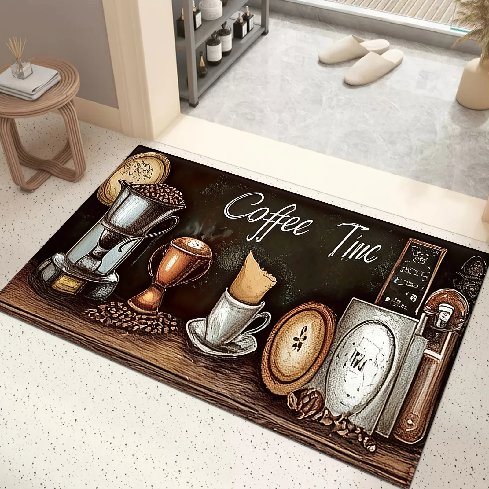 Vintage Coffee Time Kitchen Doormat  Retro Chalkboard Coffee Maker Bean Cup Print Farmhouse Coffee Bar Indoor Decor Floor Mat