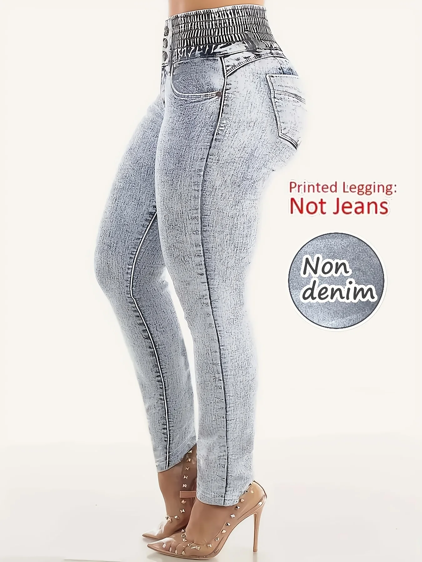 Women Printed Leggings Not Denim Fabric, Fake Pocket & Button Print Design Pants, High Elastic Fashion Slim Fit Skinny Casual