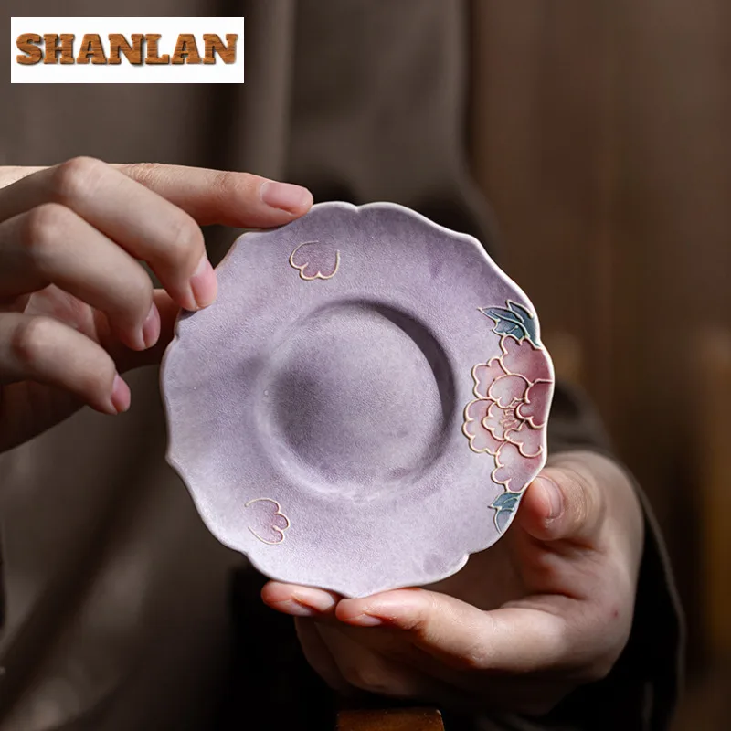 رسمت باليد الأرجواني الفاوانيا الوقايات الرجعية القدح لوحة ل فناجين القهوة الصحن العزل الحراري المفارش فنجان الشاي قاعدة طقم شاي صيني