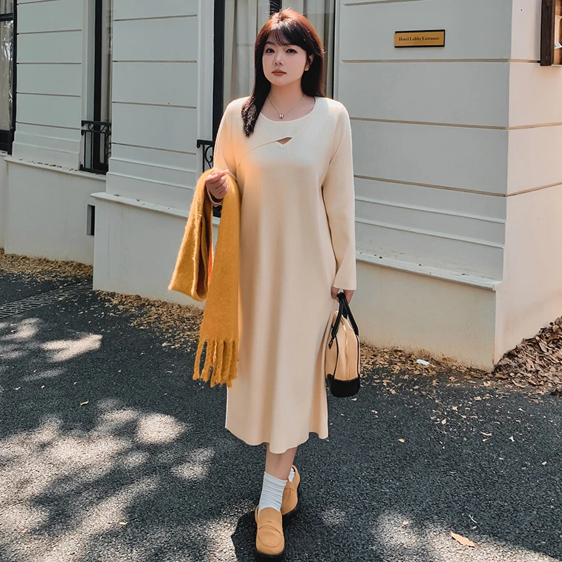 

Plus Size Women's Round Neck Hollow Knit Dress Women Long Sleeve Sweater Dress 2024 Winter Oversized Peplum knitted Dresses