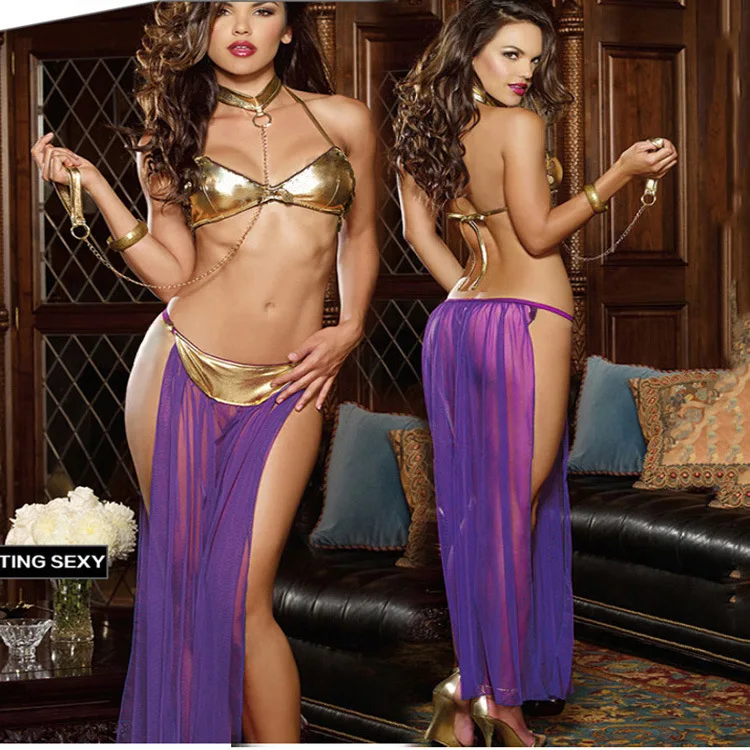 Porn Slave Costume Woman Sexy Neck Chain Transparent Lingerie Golden Leather Bar Underwear Set SIndian Arabian Belly Dance Dress