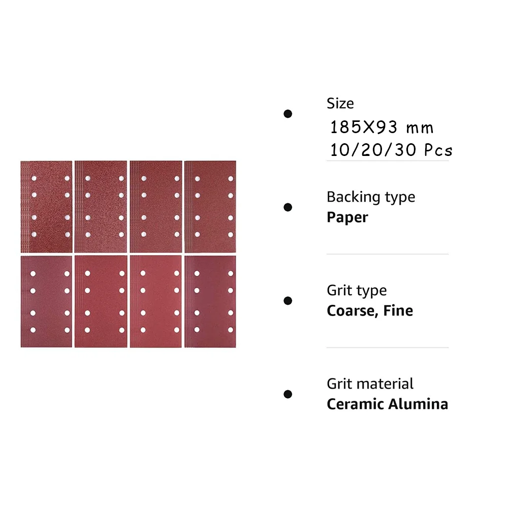 93 x 185 mm 8 Hole Red Hook and Loop Sandpaper 10/20/30 Pcs Assorted 60-2000 Grits for Polishing Metal Wooden Plasticle Leather