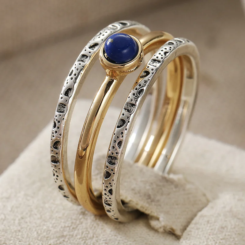 3pcs/set Vintage Two Tone Thin Circle Layered Ring Set Women's Inlay Synthetic Turquoise Simple Exquisite Ring Jewelry