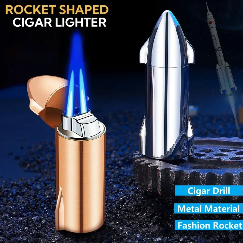 Metal Outdoor Windproof Butane Gas Lighter Creative Rocket Shape Double Blue Flame Torch Jet Cigar Lighter Home Decorations