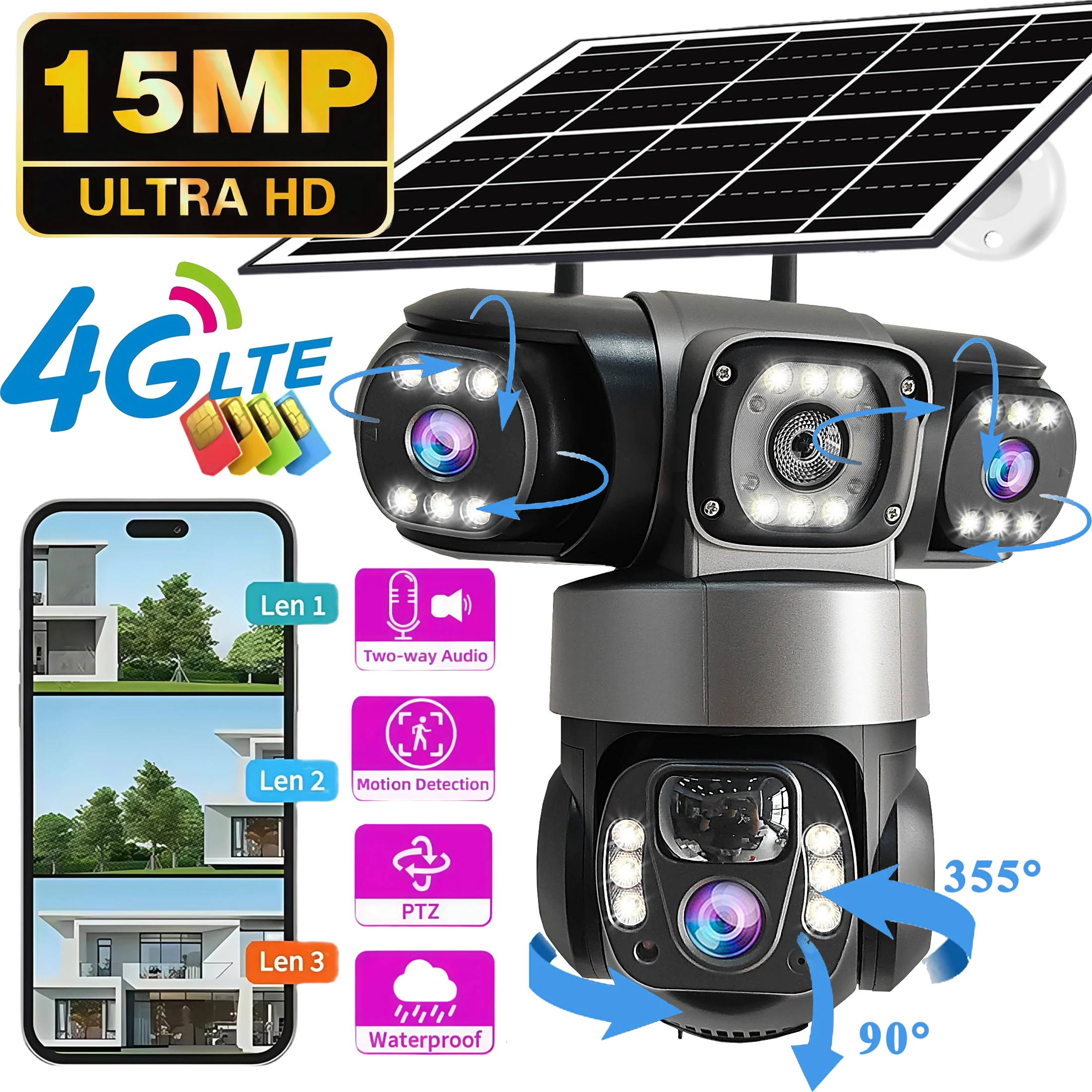 Caméra de sécurité extérieure solaire V380 Pro à triple objectif PTZ, détection humanoïde, audio bidirectionnel, caméra 4G SIM, vision nocturne, suivi automatique, alarme et vision nocturne couleur, caméra étanche IP66, caméra de surveillance 4G alimentée par batterie rechargeable 1