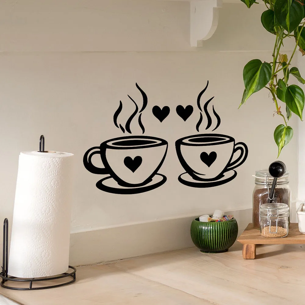 A Pair of Heart-Shaped Coffee Cups with Creative Detachable PVC Wall Stickers for Decorating and Beautifying the Room and Living