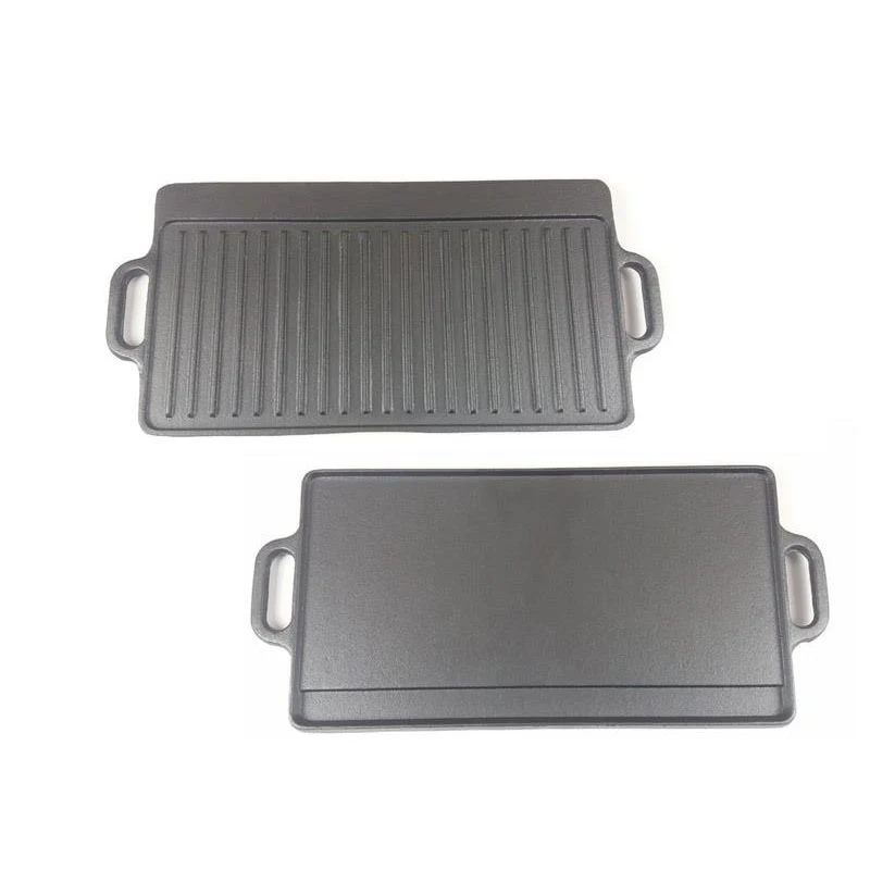 

Mexican Style Rectangular Cast Iron Fajita Plate Roast Meat Griddle Double Sided Baking Pan in Stock