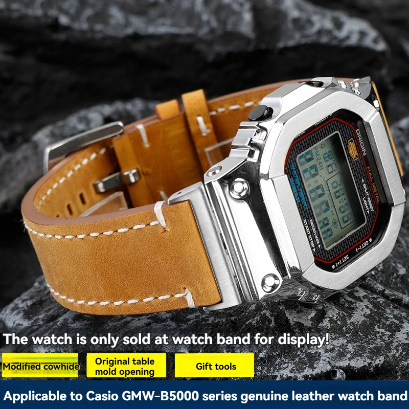 Genuine Leather Strap for CASIO G-SHOCK GMW-B5000 35th Anniversary  Vintage Cowhide Band Gold/Silver Brick Watch, Retro Strap