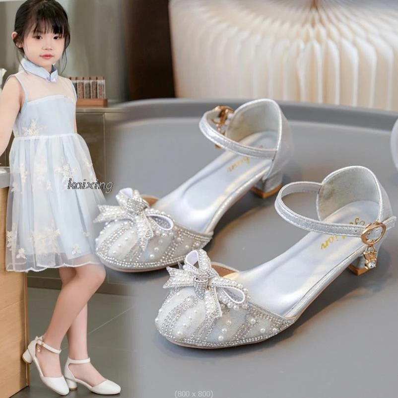 Little Girls Rhinestone Bow High-Heeled Sandals Princess Dancing Summer Pu Leather Shoe Big Girl 3 4 5 6 7 8 9 10 11 12 Year Old