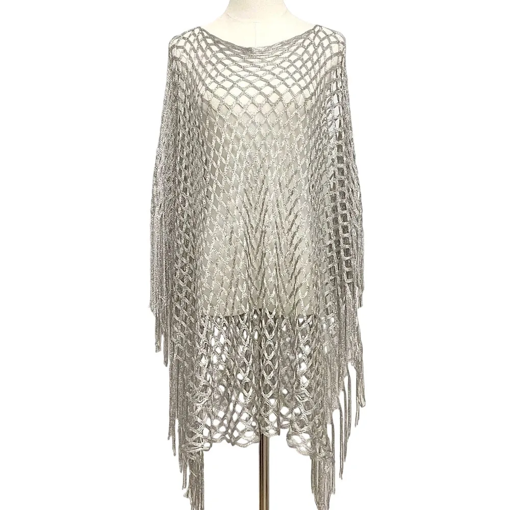 

Simple Design Gold Silver Wire Mesh Shawl Jacket Knitted Lace Beach Towel Hollowed Out Tassels Poncho Seaside