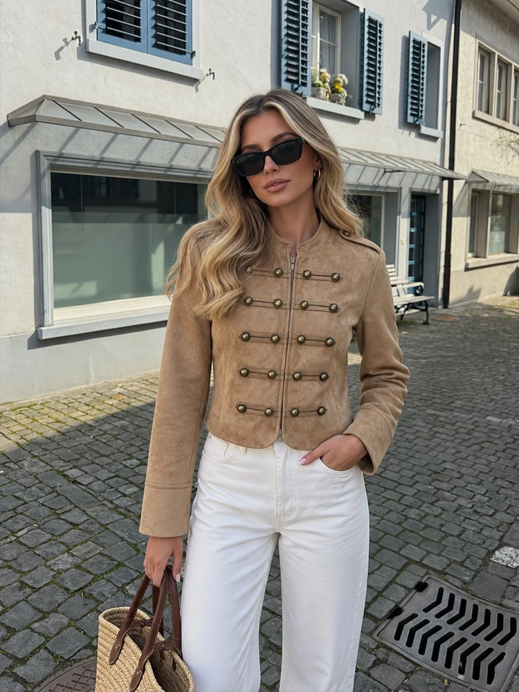 HH Women Victorian Band Style Faux Suede Cropped Jacket Stand Collar Antique Metal Buttons Slim Fit Long Sleeve Outer Coat