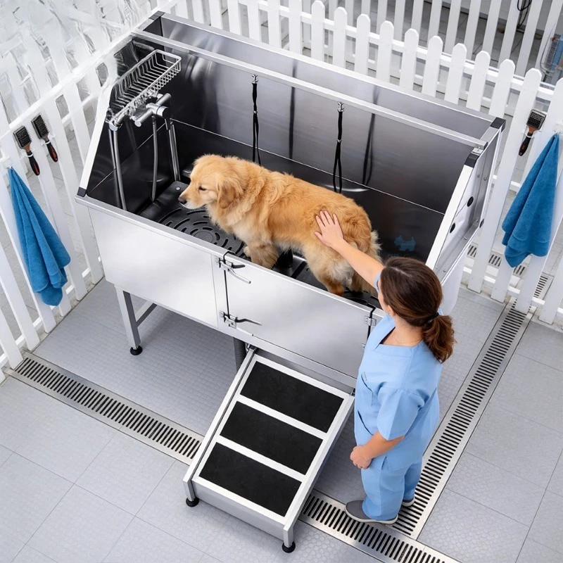 

50-Inch Professional Stainless Steel Dog Bath Washing Grooming Tub Large Pets Space-Saving Multifunctional Bathroom Usage