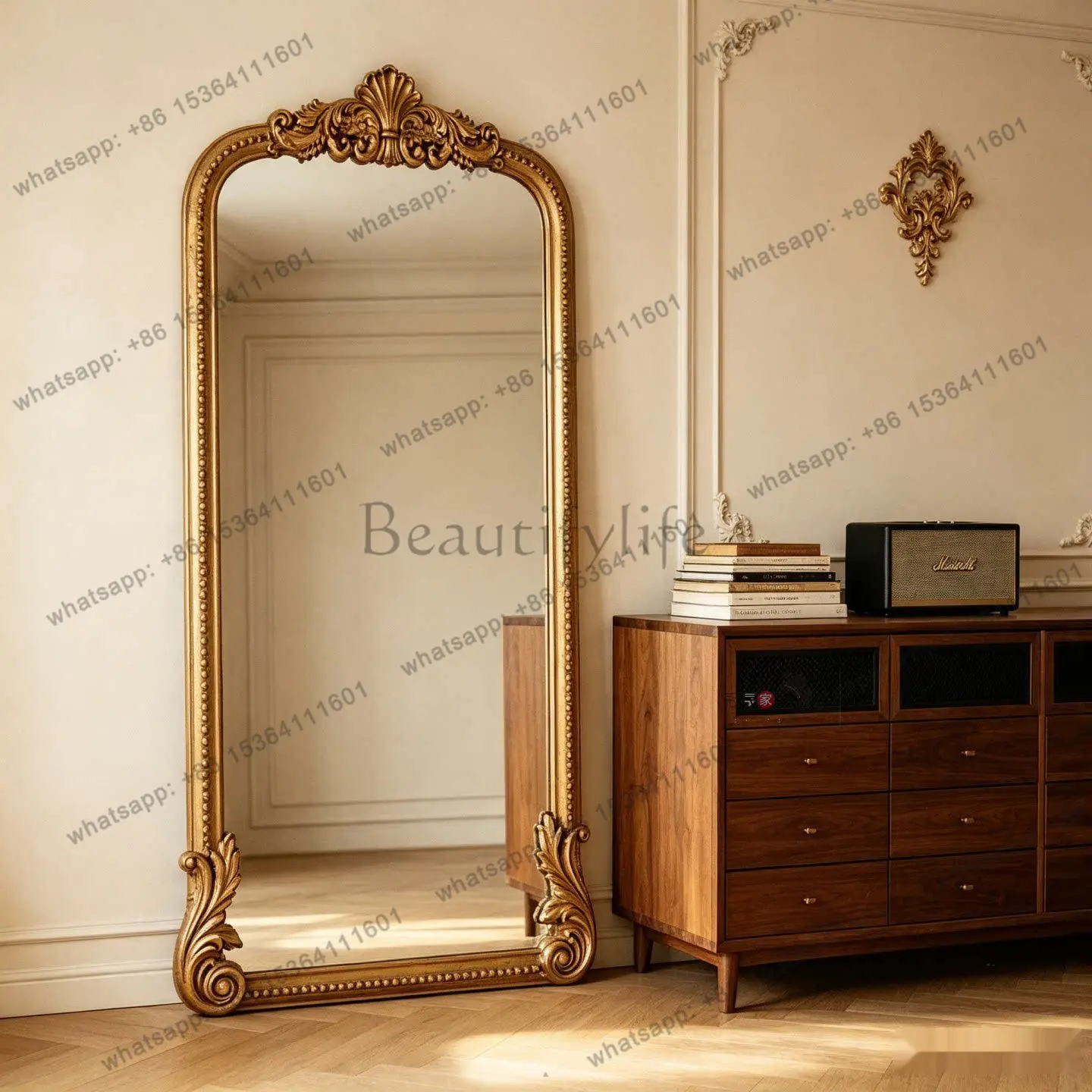 French carved full-body mirror American home arched floor-to-ceiling European porch bedroom fitting mirror