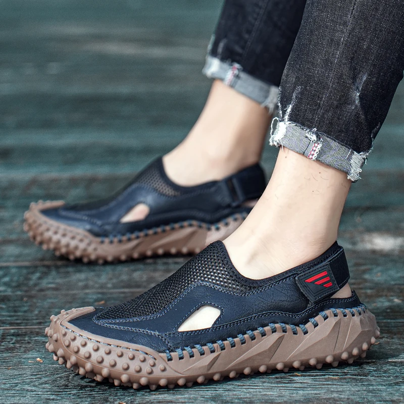 

2025 модная уличная мужская бежевая удобная повседневная обувь в классическом стиле, мужские летние новые дышащие сандалии ручной работы с сеткой