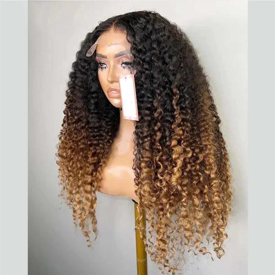 Ombre Brown 180Density Soft Kinky Curly 26Inch Long Deep Lace Front Wig For Black Women Baby Hair Preplucked Daily Glueless