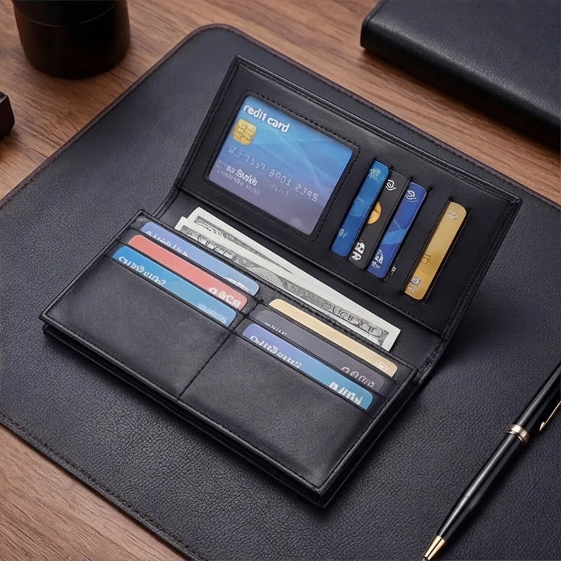 

Men's Large Capacity PU Leather Long Wallet Bifold Business Card Holder with Clear ID Window Cash Pocket Billfold Purse