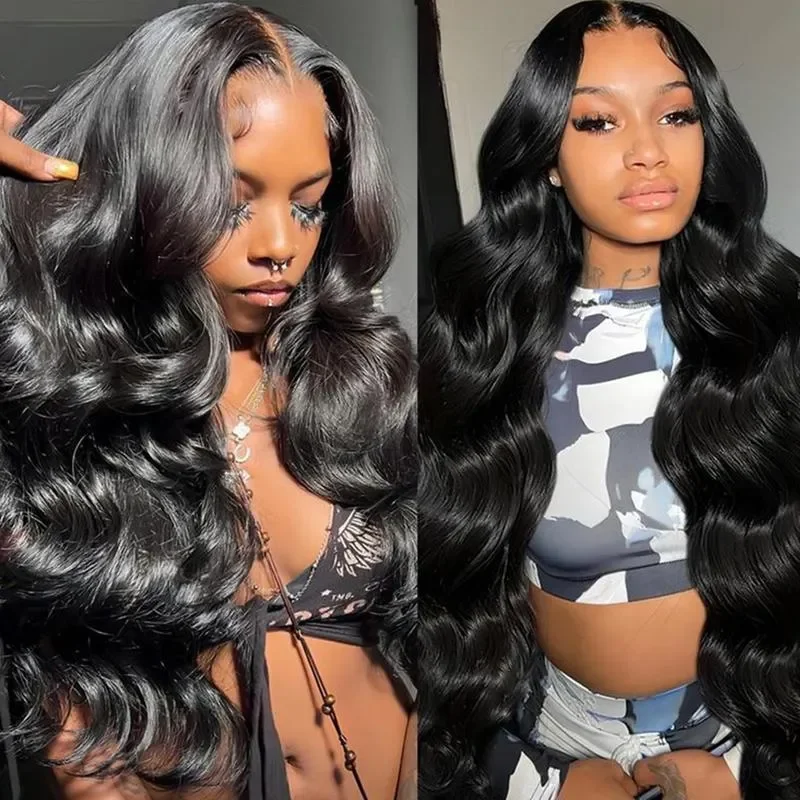 for Hand-woven Black Medium Part Long Curly Hair 34 36 Inch 136 Bundles Body Wave Lace Front Wig Real Human Hair