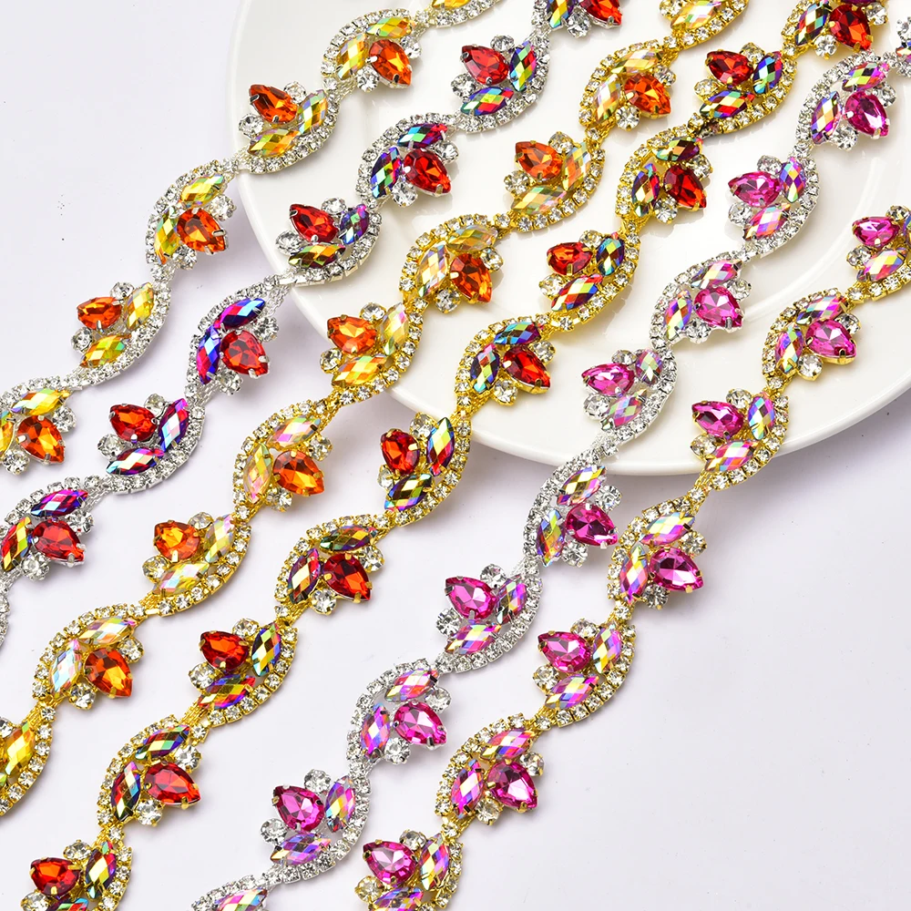 Acrylic Rhinestone Metal Chain Tear Drop Crystal Trim 50cm/100cm Gold Silver Plated DIY Clothing Decoration Jewelry Accessories