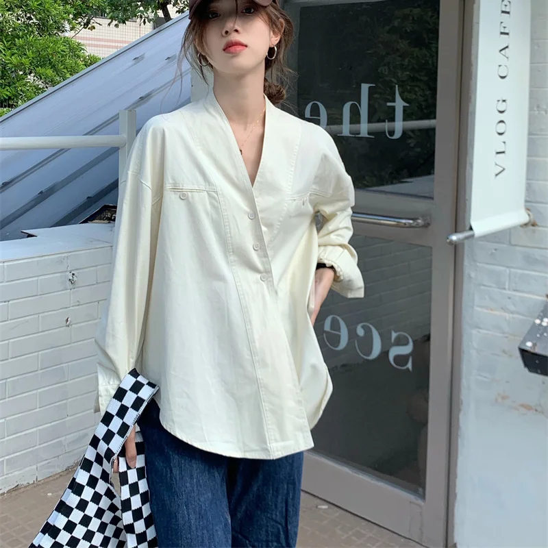 shirts Women French Style Asymmetrical Design V-neck Simple Solid Casual Streetwear Loose Daily All-match Elegant Trendy Spring