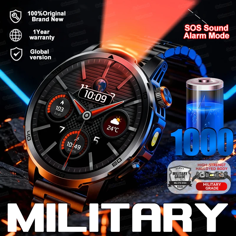 

Новые военные умные часы с экраном 1,85 дюйма, мужские спортивные фитнес-трекеры, аккумулятор 1000 мАч, водонепроницаемость IP69K, 100+ видов спорта, тактический браслет для мужчин