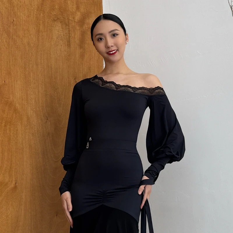 2025 nouvelles femmes salle de bal haut de danse épaule inclinée à manches longues danse body adulte Samba Rumba danse moderne body XH2916