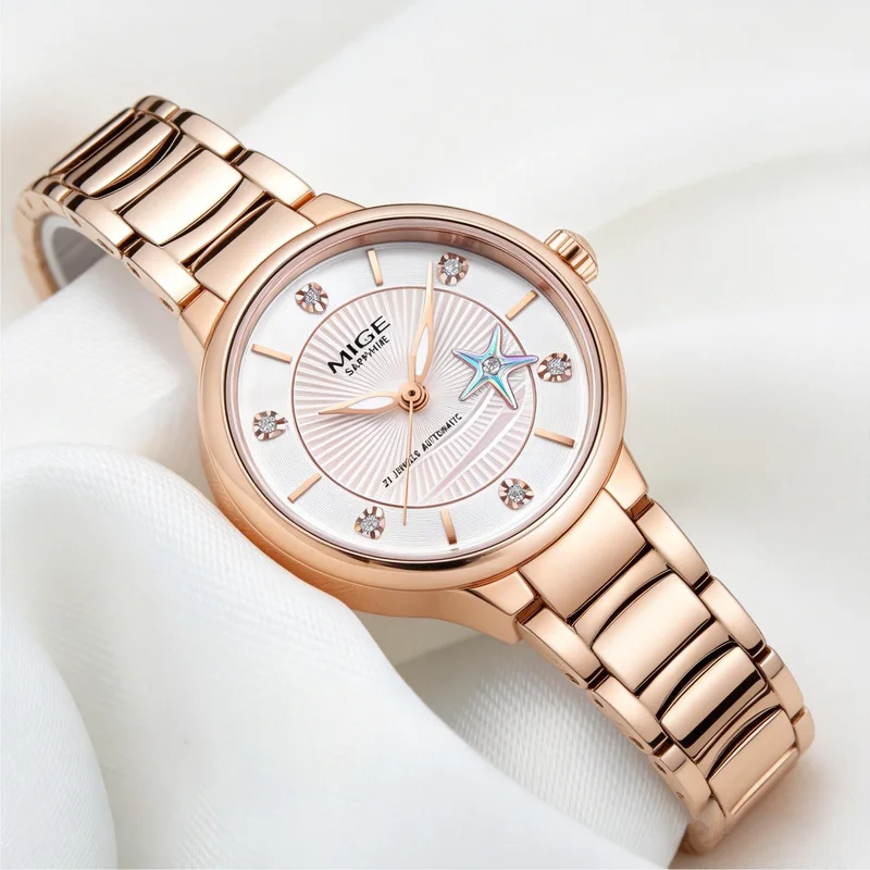 Elegant Ladies Automatic Watch MIGE, Steel Bracelet, Sapphire Crystal, Shell Dial Starfish Diamond Decor Women Mechanical Wrist