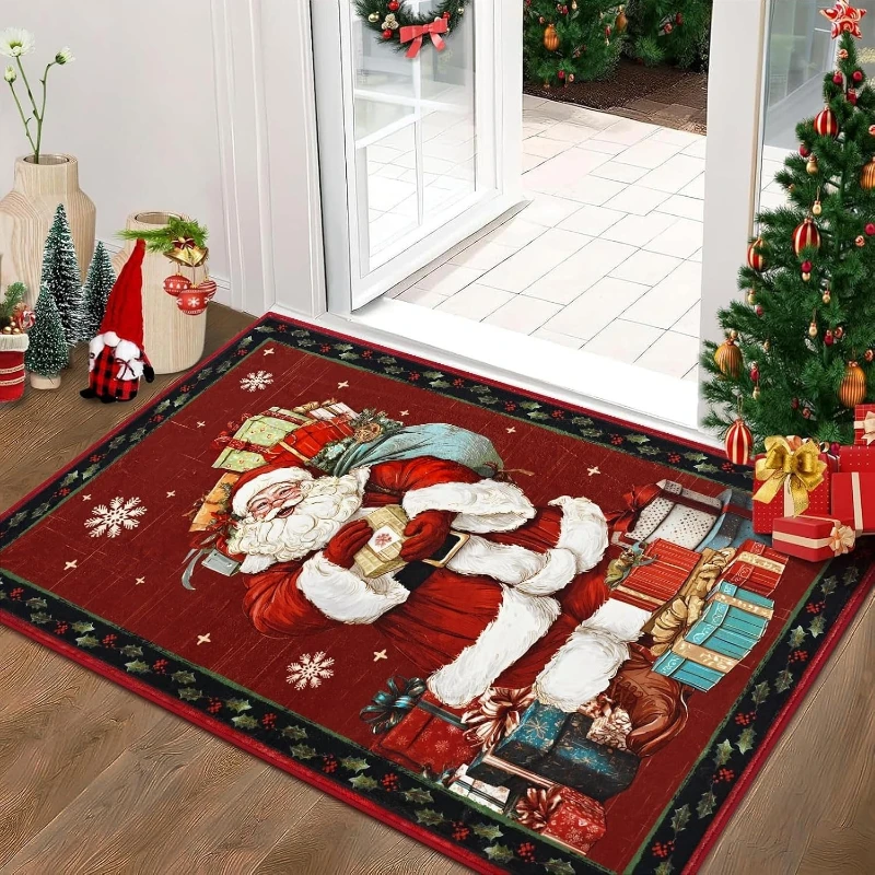 Entrance Carpet Machine Washable Non-slip Floor Mat Christmas Red Santa Claus Pattern Rug Entry Mats Christmas Home Decor Rugs
