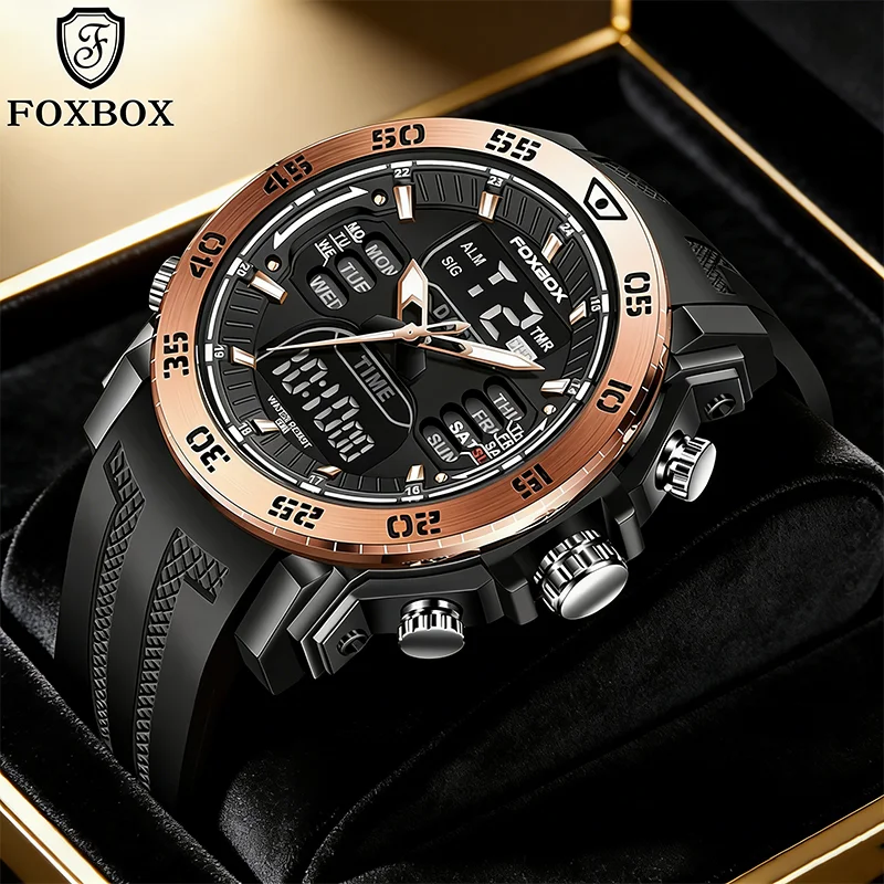 

FOXBOX Модные мужские роскошные часы, военные водонепроницаемые спортивные часы, армейские часы с большим циферблатом, светодиодные цифровые наручные часы, секундомеры для мужчин