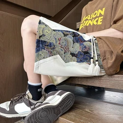 Korean Street Mens Shorts Embroidered Pattern Elastic Waisted Casual Shorts Summer Outdoor Sportswear Large Size Loose Pants