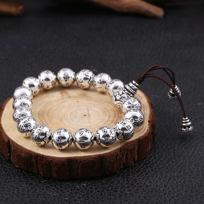 Real Solid 925 Sterling Silver Men 12mm Lotus Sutra Round Beaded Bracelet 66-67g 