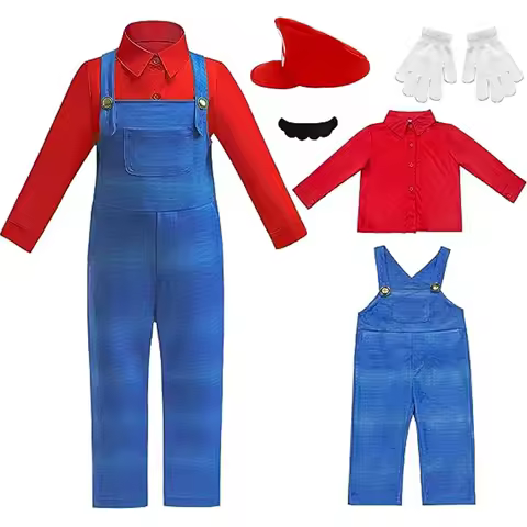 Boys Halloween Role-playing Clothing Suspenders Suit Plumber Brothers Children's Suit Carnival Party Clothes Funny Red Costumes