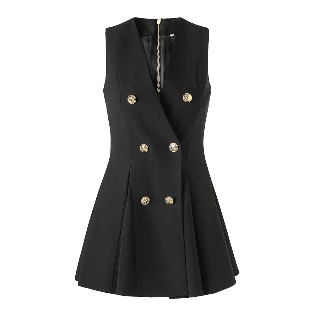 2024 Spring Summer Sexy Deep-V Neckline Lady Sleeveless Double-breaseted Office Solid Pleated Mini One-piece Dress For Women