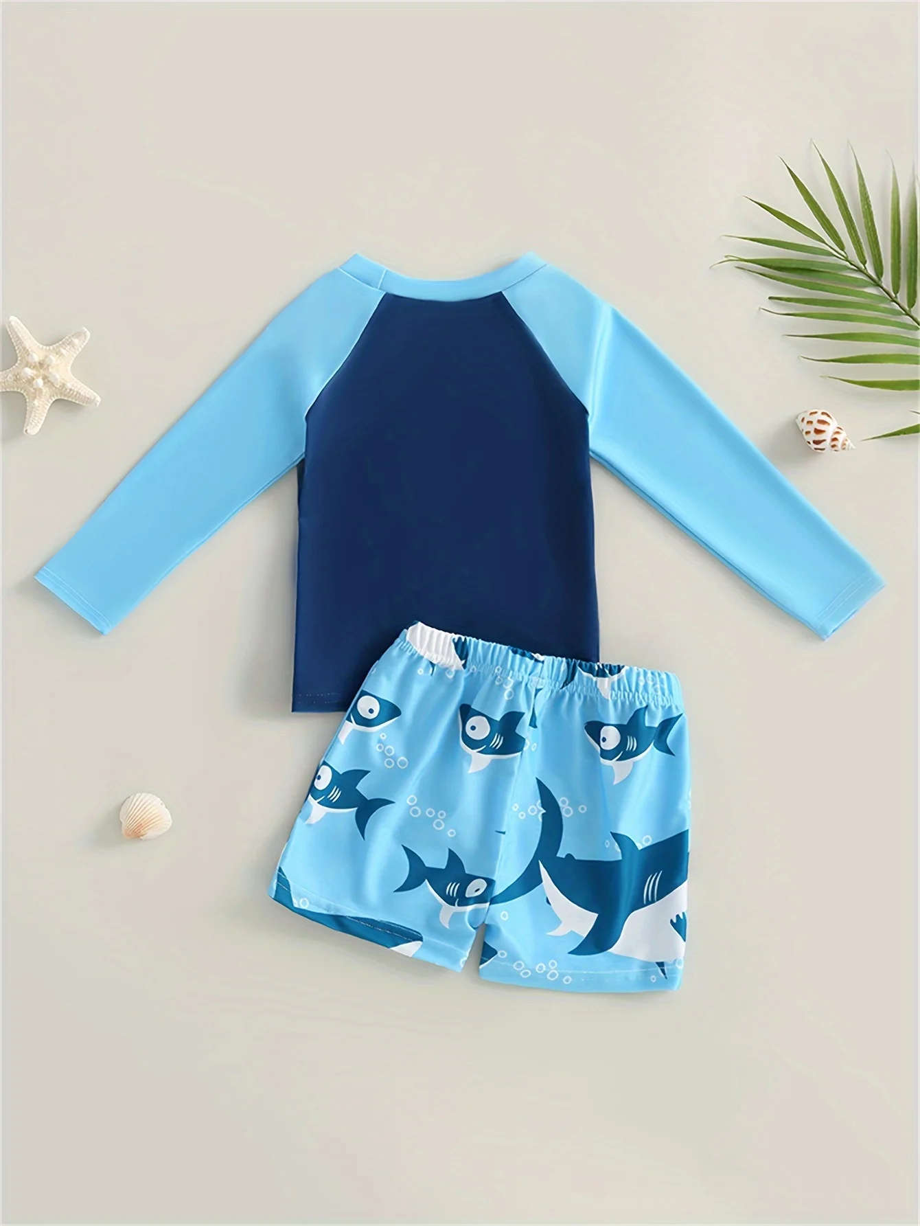 2pcs Funny Shark Pattern Swimsuit For Baby Boys, Long Sleeve Top & Swim Trunks Set, Stretchy Bathing Suit, Baby\'s Swimwear For B