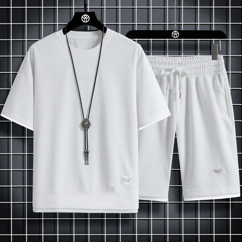 NEW Summer Men's Sports Set Casual Short-sleeve T-Shirt + Shorts Set Waffle comfortable round collar Tracksuit Loose men Suits